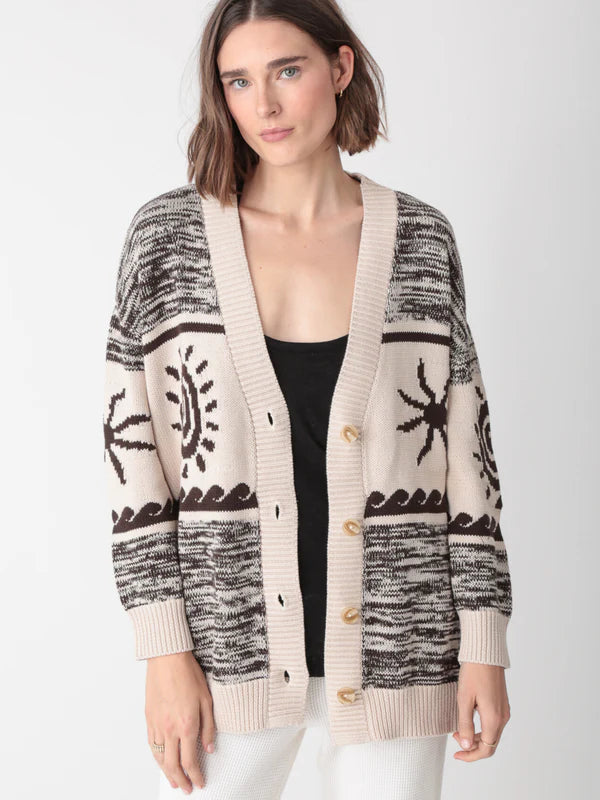 Cotton Everyday Cardigan Sweater - Intarsia Ivory/Cocoa - by Electric Rosen