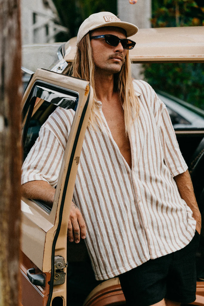 Unisex Lane - Stripe Textured Short Sleeve Shirt - Brown / Ottway