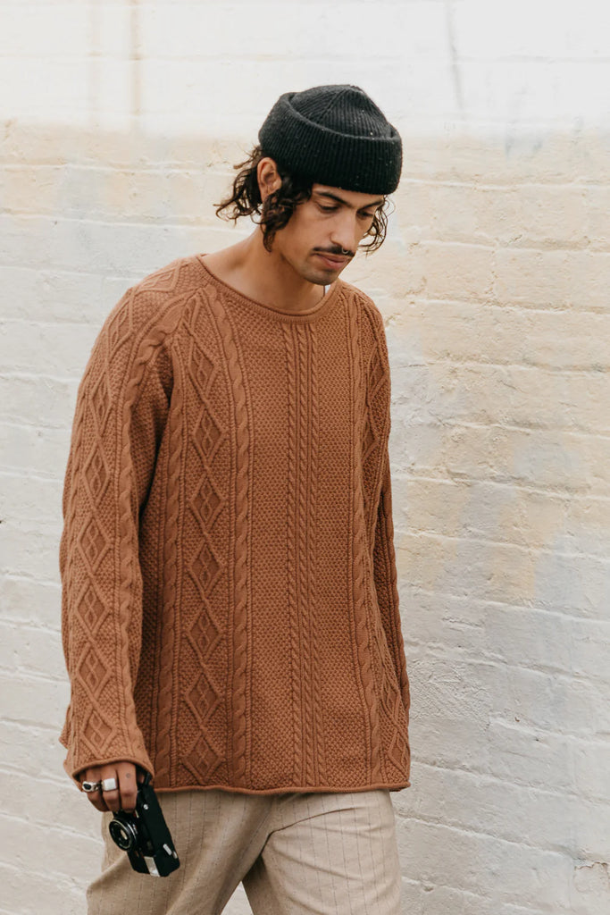 Unisex Rory Cable Knit Sweater - Brown / Ottway